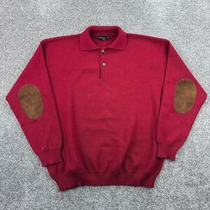 Robert Banks Sweater Mens XL Red Merino Wool Long Sleeve Polo Elbow Patches